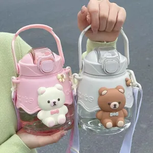 Cartoon bear large capacity water bottle with straw and strap, cute student sports cup.