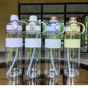 Large capacity sports water bottle with straw, portable plastic eco cup for fitness use.