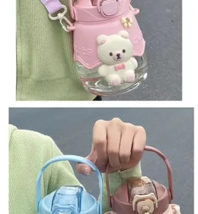 Cute cartoon bear large capacity water bottle with straw, ideal for kids, students, and sports.