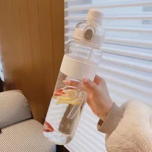 Close-up detail view of large capacity clear plastic straw water bottle with lemon slices inside.