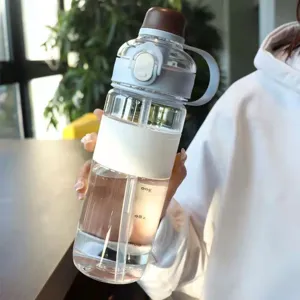 Detail shot of the clear plastic sports water bottle with straw, brown cap and white grip band.