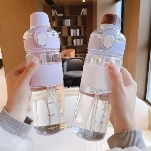 Large capacity sports water bottle with straw, portable eco-friendly plastic cup for daily use.