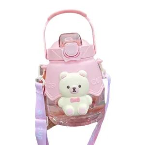 Cute pink water bottle with bear design, large capacity straw cup for kids and students.