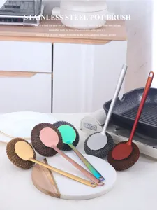 Detail view of long handle stainless steel pot brush with colorful handle and wire ball.