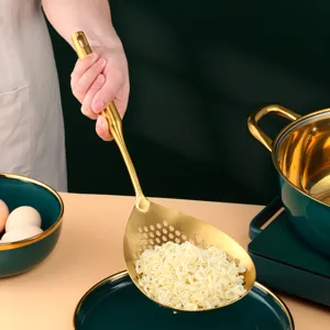 Colador de cocina de acero inoxidable dorado gran espumadera para fideos practico