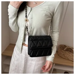 Black quilted crossbody bag detail, chic chain strap, elegant small square design for women.