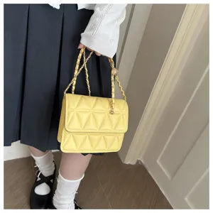 Women yellow quilted shoulder bag chic chain crossbody bag fashion small square bag