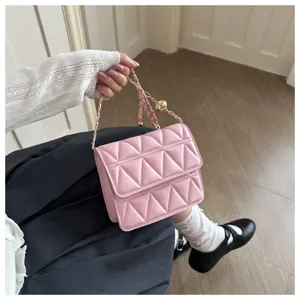 Pink quilted chain small square bag, stylish Korean style shoulder and crossbody bag.