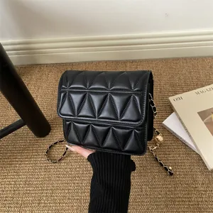 Stylish black quilted chain shoulder bag for women, chic small square crossbody bag design.