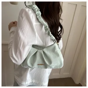 Green ruched underarm bag with ruffled strap, trendy cloud shoulder bag for women daily use