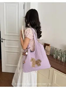 Sac cabas épaule en toile pour femme, sac à main violet vintage décontracté avec patch poney.