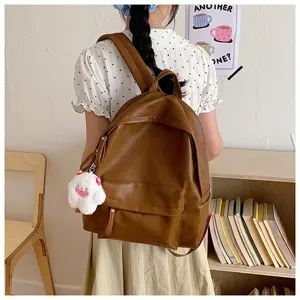 Sac à dos rétro minimaliste en similicuir marron grande capacité fourre-tout