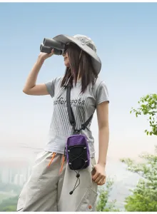 Outdoor multifunctional crossbody chest bag in purple grid with black mesh pocket and strap.