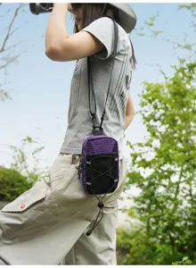 Outdoor purple grid chest bag small crossbody shoulder pouch for hiking travel and daily use.
