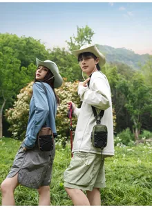 Outdoor chest bag detail view, trendy color-blocking grid design for hiking and daily use.