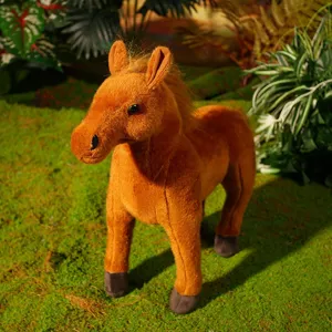 Close-up detail of simulation plush horse toy, standing posture, soft texture in scene display.