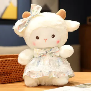 Cute plush sheep toy with floral dress and bow, soft stuffed animal doll for kids gift.