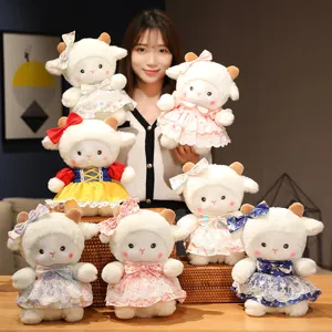 Cute plush sheep doll soft toy with sweet dress and bow, perfect birthday gift for girls and kids.