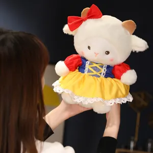 Close-up detail of the cute lamb plush toy showcasing soft white fur and princess dress costume.