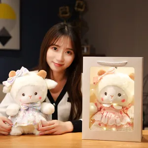 Cute sheep plush toy scene display with gift bag and warm lights, sweet gift for girls.