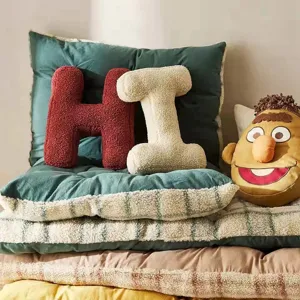 Coussin decoratif en lettrage anglais en sherpa pour canape et decoration de lit.