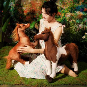 Detailed view of the realistic simulation horse plush toy, soft stuffed animal doll for decor.