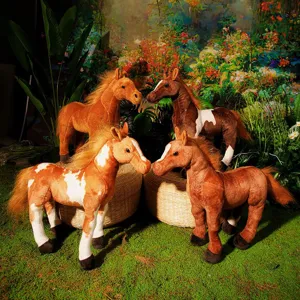 Detailed view of cute plush horse toys arranged in a forest scene, soft and fluffy decoration.