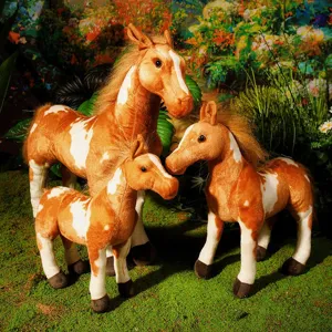 Simulation plush horse toy set, realistic brown and white stuffed animal figures for home decor.