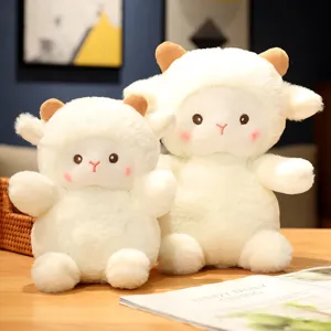 Detailed shot of cute white plush lamb toys with soft fabric, perfect as cozy cuddle pillows.