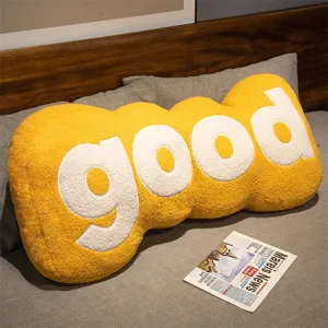 Creative yellow plush long letter pillow with soft good text for cozy bed sofa decoration.