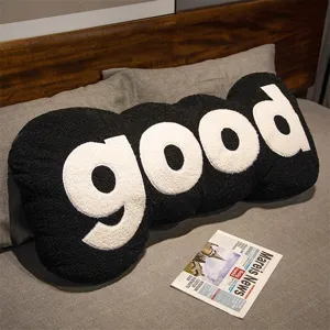 Creative black long plush pillow with white good letter, soft sofa cushion for bedroom sleep