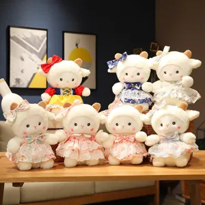 Cute plush sheep toys with cute dresses and hair bows, soft stuffed animal companion.