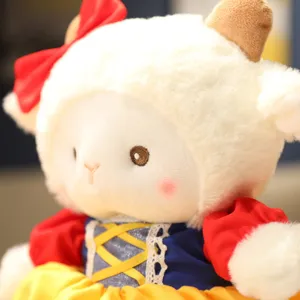 Cute plush sheep toy detail shot, soft lamb doll with princess dress, perfect gift.