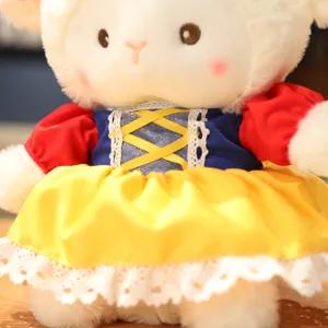 Cute plush lamb stuffed toy wearing princess dress detail close up for kids birthday gift