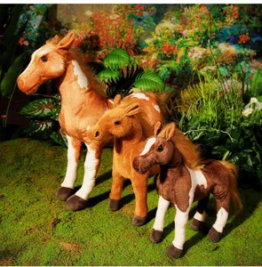 Detailed view of realistic plush horse toy set, soft stuffed animal figurines in natural scene.