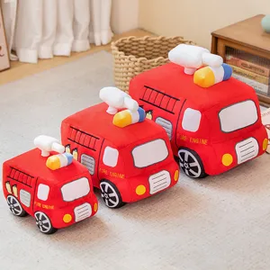 Cute plush fire truck toy set, soft cartoon car stuffed doll for kids early education.
