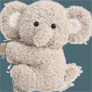 Close up detail shot of a fluffy grey stuffed elephant plush toy with soft curly fur.