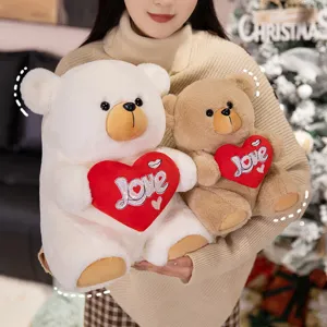Cute plush teddy bear set holding love hearts, soft stuffed animal toy for holiday gift.