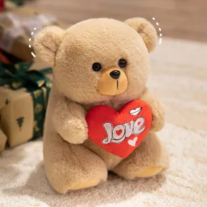 Cute plush teddy bear holding red heart love toy soft fluffy doll holiday gift home decor