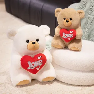 Detailed view of cute holding heart teddy bear plush toy set, soft stuffed doll for gift.