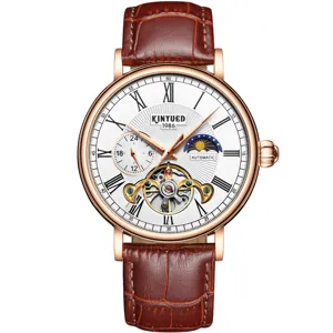 KINYUED Herren Automatische Mechanische Uhr Business Luxus Wasserdicht Edelstahl Lederarmband Skelett Armbanduhr