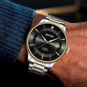Kinyued Herren Automatik Mechanisch Uhr Edelstahl Business Armbanduhr mit Schwarzem Zifferblatt