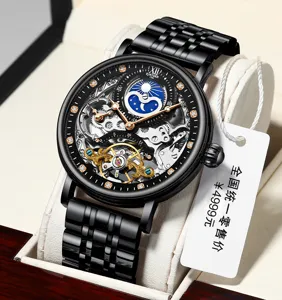 Reloj mecánico automático para hombre, esfera esquelética, fase lunar, reloj de lujo elegante.
