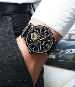 Herren Automatikuhr mit schwarzem Zifferblatt Lederarmband Luxus Business Armbanduhr.