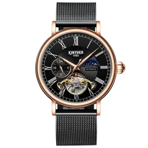 KINYUED automatik herrenuhr mechanisch mit schwarzem zifferblatt und rosegold gehaeuse.