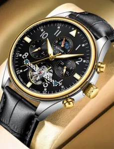 Vista detallada del reloj mecánico automático KINYUED con esfera negra y correa de cuero.