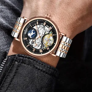 Herren Automatikuhr Skelett Edelstahl Armbanduhr mechanische Uhr mit großer Mondphase