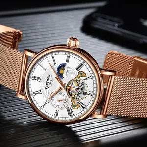KINYUED Automatik Herrenuhr, Roségold Gehäuse, weißes Zifferblatt, elegante Business Uhr.