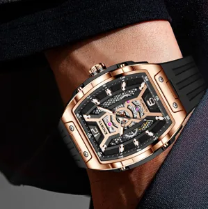 Luxus Herren Automatik Mechanische Uhr Tonneau Skelett Roségold Kautschukarmband Armbanduhr