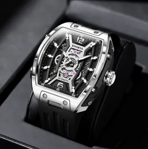 KNORVS Herren Automatik Mechanische Uhr Tonneau Skelett Luxus Sport Armbanduhr